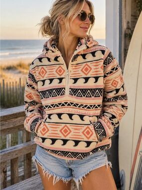 O’Neill Women’s S Aztec Wave Print Fleece Hoodie Quarter Zip Surf Pullover